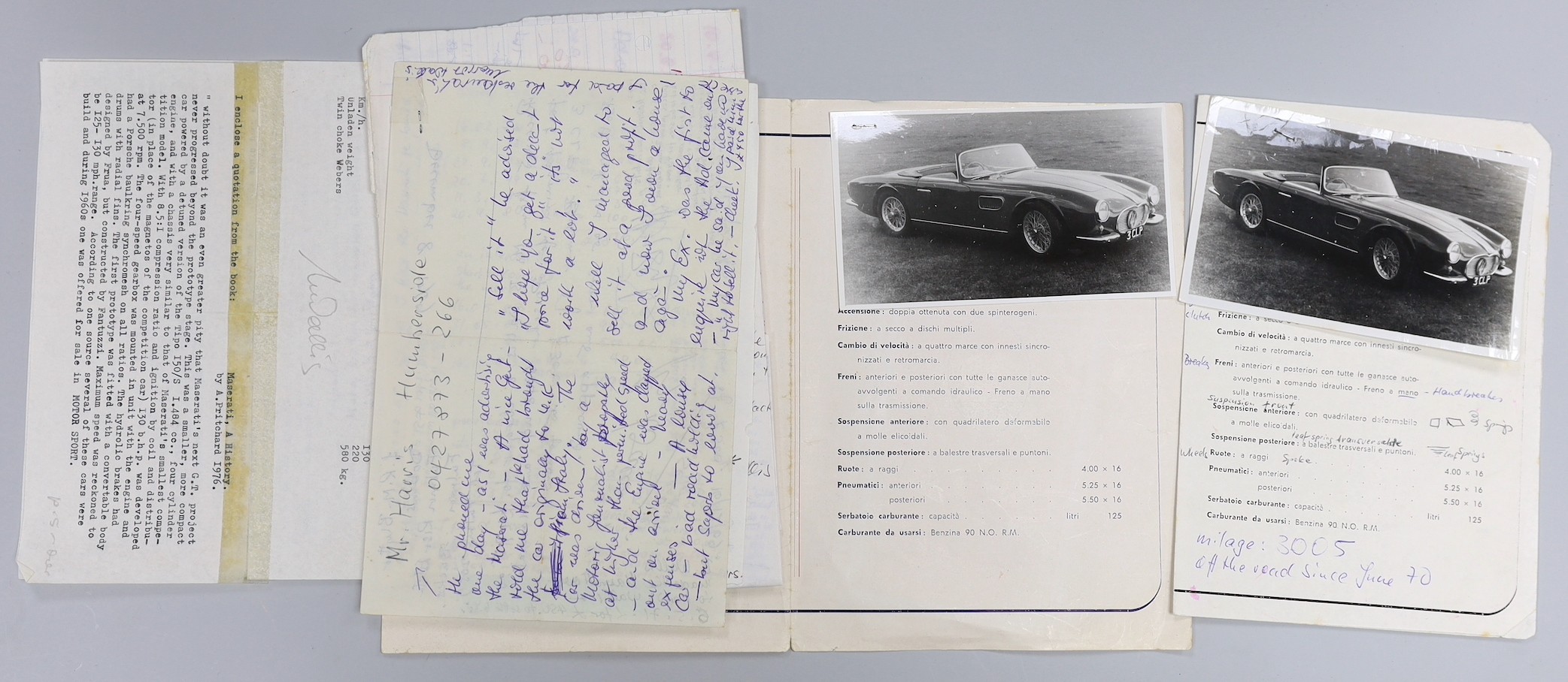 Maserati related ephemera including signed Stirling Moss Limited correspondence